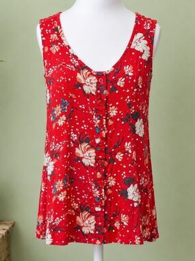 Torrid 00 Red Floral Sleeveless Tank Top Button Front Swing Stretch Rayon Blouse